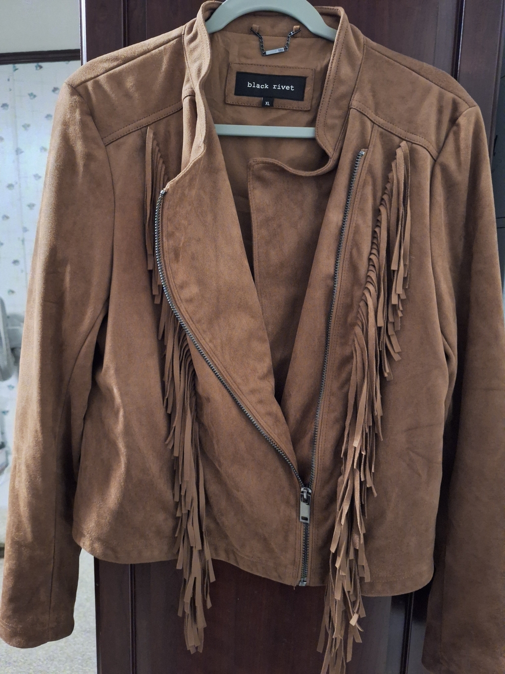 Black Rivet Women's Suede Fringe Moto Jacket - Brown
